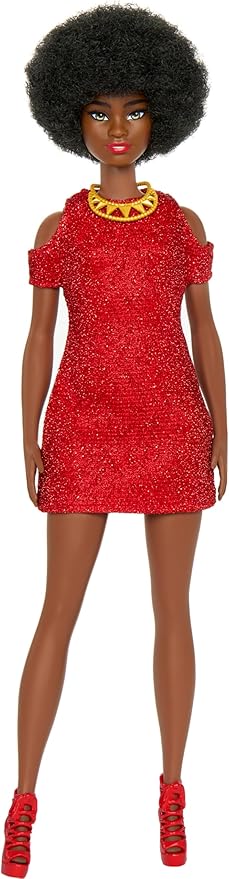 Barbie Fashionistas Doll #221 with Natural Black Hair Wearing Removable Red Dress & Accessories, 65th Anniversary Collectible Toy