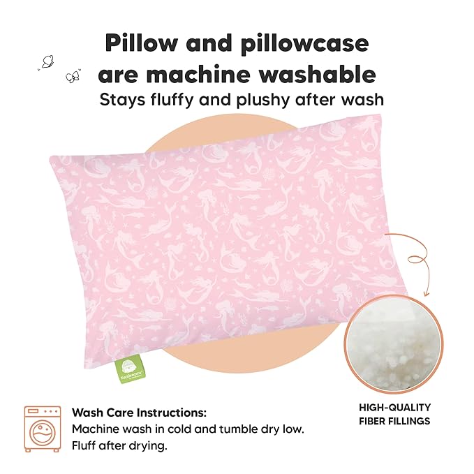 Toddler Pillow with Pillowcase - 13x18 My Little Dreamy Pillow, Organic Cotton Toddler Pillows for Sleeping, Kids Pillow, Travel Pillows, Mini Pillow, Nursery Pillow, Toddler Bed Pillow (Mermaid)