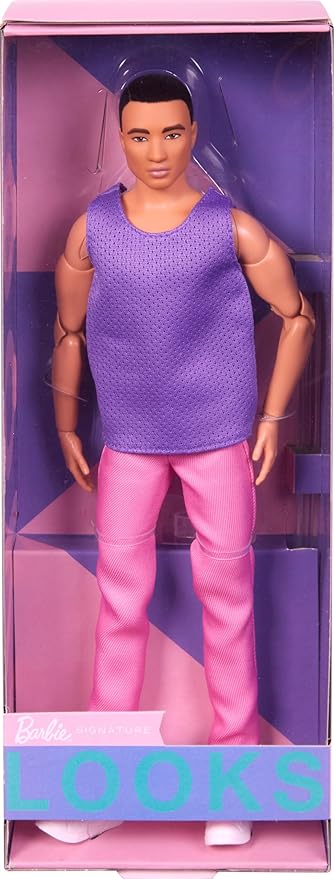 Barbie Looks Ken Fashion Doll with Black Hair Dressed in Purple Mesh Top & Pink Trousers, Posable Collectible with Made to Move Body