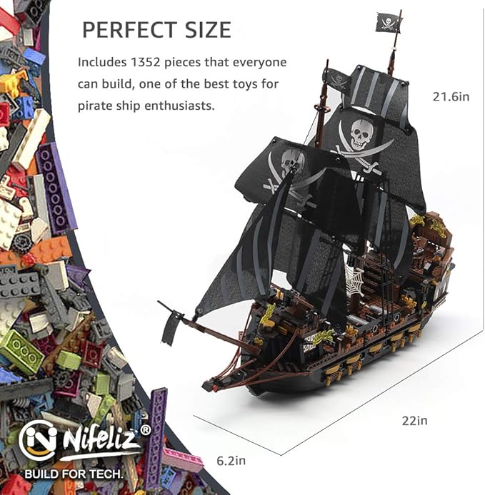 Nifeliz Black Hawk Pirates Ship Model Building Blocks Kits - Construction Set to Build, Model Set and Assembly Toy for Teens and Adult,Makes a Great Gift for People who Like Creative Play (1352Pcs)