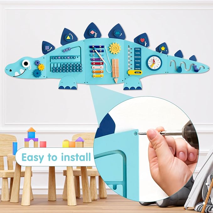 Beright Dinosaur Activity Wall Busy Board Panels, Montessori Sensory Toys, Toddler Learning Activity Center, Perfect for Toddler Playroom & Children's Daycare, Blue