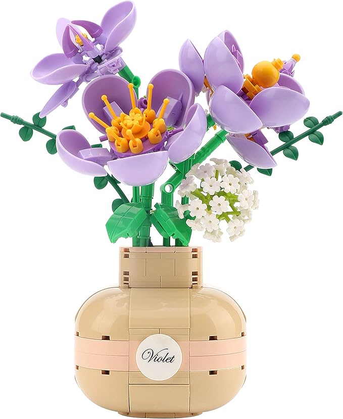 Purple Flower Bouquet Building Blocks Set Violet with Vase for Friends (Adults or Kids Age of 8+) Mini Bricks Botanical Collection Bonsai Tree Plants Ornament Sets for Girls or Women 539PCS
