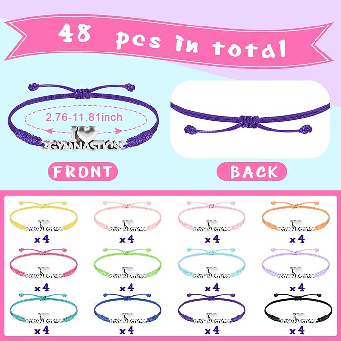 Sureio 48 Pcs Gymnastics Bracelet Gifts Bulk Adjustable Rope Braided Bracelets Christmas Gifts Gymnastics Jewelry Gymnastics Party Favors Supplies for Women Gymnasts