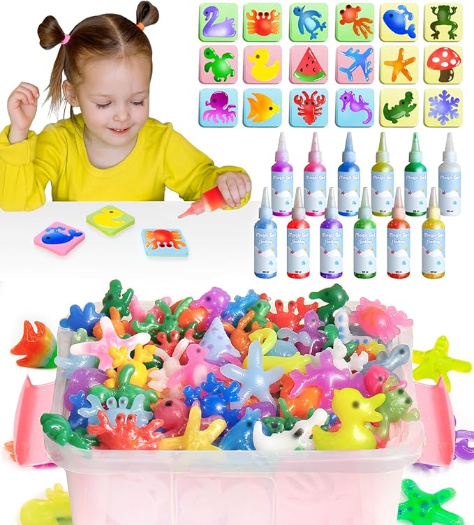Hrsqu Magic Water Elf Toy Kit - Aqua Elf Water Gel Kit - 100ml Large Capacity Water Fairy Kits with 18 Marine Animals Molds - Christmas Gifts for Kids Birthday Gifts Party Favors (12 Colors)