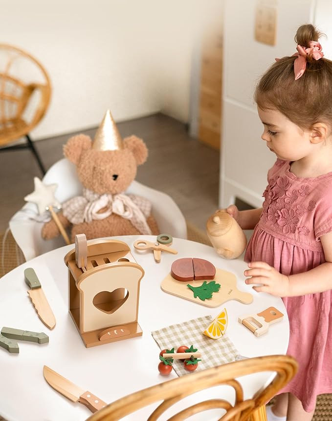 ROBUD 16pcs Kids Play Kitchen Knife Set - Wooden Cooking Playset, Montessori-Inspired Pretend Kitchen Toys for Toddlers, Role Play Gift for Boys and Girls