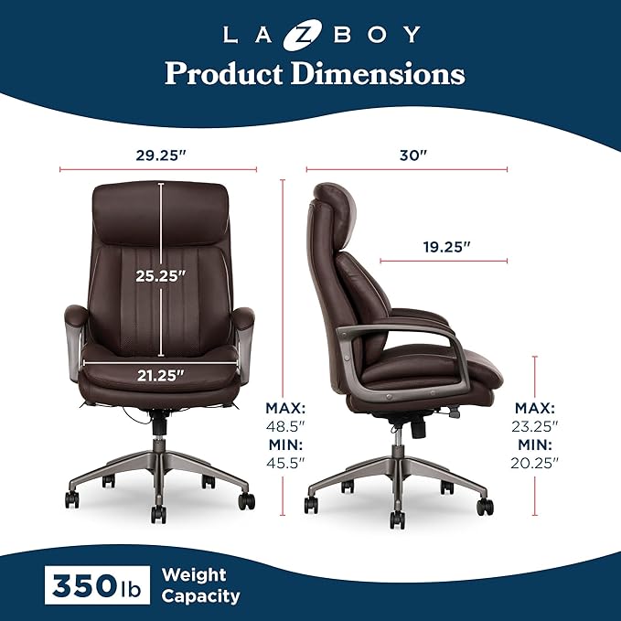 La-Z-Boy Nova Vegan Leather Modern Executive Ergonomic Design Office Chair, Memory Foam Thick Contoured Seat Back with Patented Lumbar Support Technology, Soft to Medium Sit Comfort, Brown