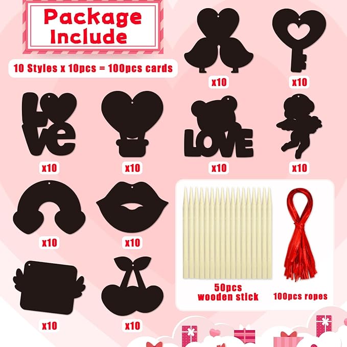 PARTYWIND 100 Pack Valentine's Day Scratch Paper Art for Kids, Magic Valentines Crafts for Classroom Exchange Games Activity, Valentines Decorations Ornaments for Party Supplies