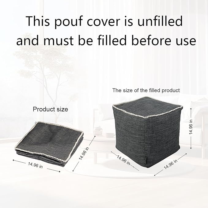 Louis Donné Unstuffed Pouf Ottoman Footstool Cover Gray Cottom Fabric for Storage, Decorative Washable Pouf Footstool with Trim Lace for Living Room House Warming Gifts(Only Cover)