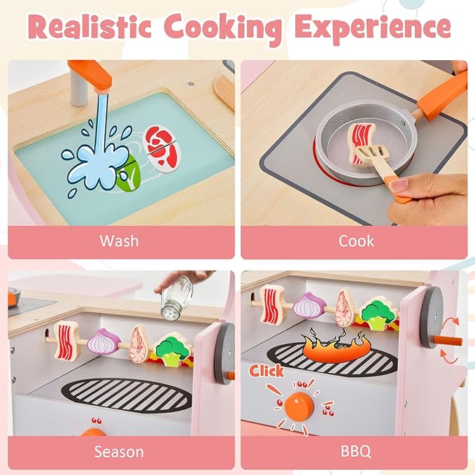 HONEY JOY Kids Kitchen Playset, 3-in-1 Double Side Wooden Little Chef Pretend Play Toy Kitchen Set for Toddlers & Barbecue Grill Set & Restaurant, Retractable Seat & Canopy, Gift for Boys Girls, Pink