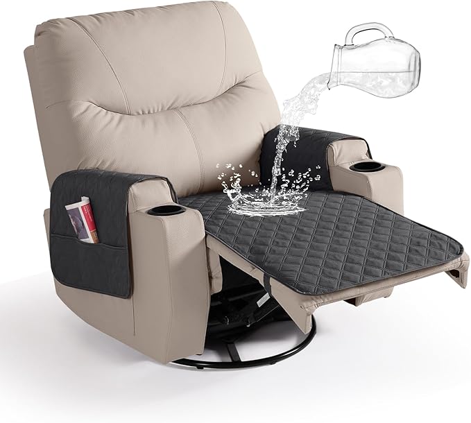 Ruaozz Waterproof Recliner Chair Covers Non Slip Chair Covers Recliner Seat Cover with Arms Washable Recliner Covers for Reclining Chair with Pockets (Charcoal Grey, Small-22'')