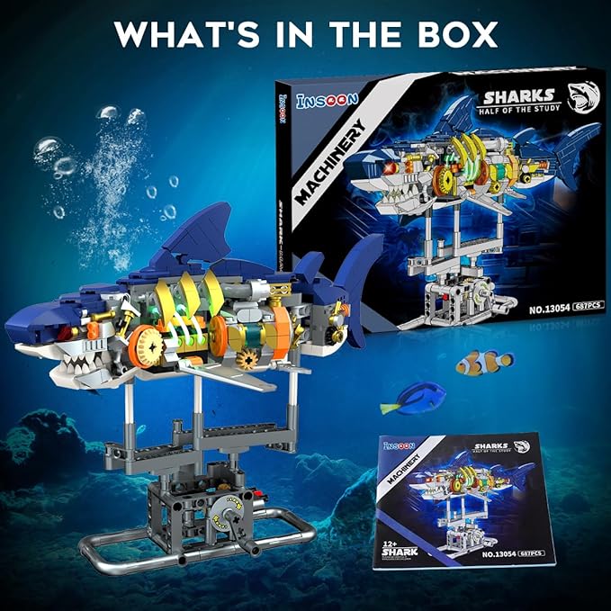 Mechanical Shark Building Set with LED Light, 687 PCS Movable Ocean Animal with Display Stand, Sea Fish Building Block Toy, Home Decor Gift for Adults Teens Kids Boys Ages 12+