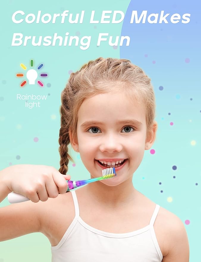 SEAGO Kids Electric Toothbrush with 2 Mins Brushing Timer and 4 Replacement Bursh Heads, Rainbow LED Light Make Brushing Fun, Green Color Boys Battery Powerd Toothbrush for 4-12 Years Old，SG-977