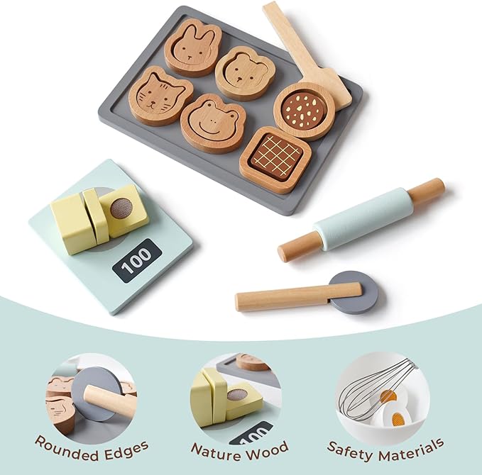 PairPear Wooden Toy Cookies and Baking Set,Kids 28 Pieces Play Food Toy Kitchen Playset,Pretend Play Kitchen Accessories Gift for Boys and Girls 3 Years and up