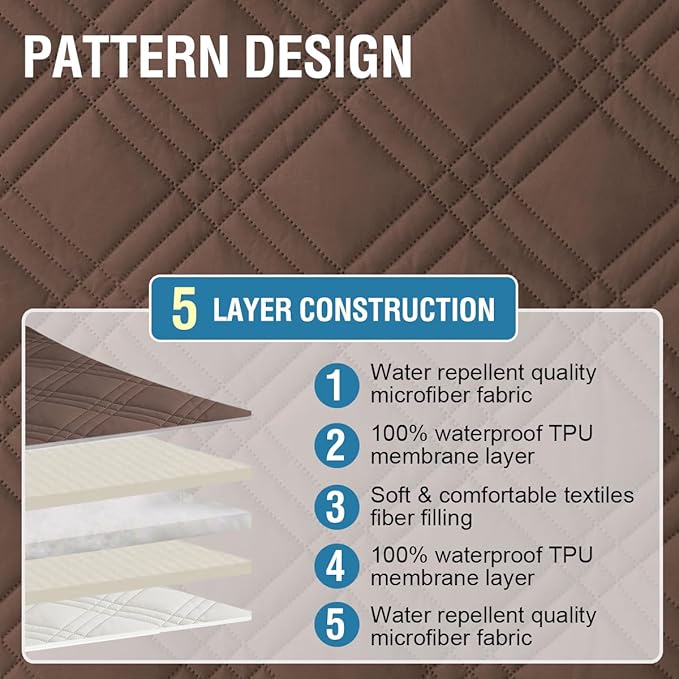 H.VERSAILTEX 100% Waterproof Reclining Couch Covers 1-Piece Reversible Recliner Chair Covers Furniture Protector with Elastic Straps for Pets Kids Sitting Width Up to 23" (Recliner, Brown/Beige)