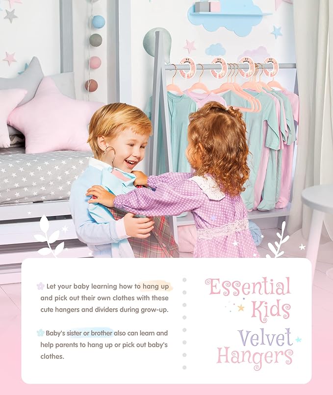 Baby Hangers, VIS'V 11 Inch Pink Velvet Kids Hangers with 6 Pcs Size Dividers Non Slip Nursery Children Closet Clothes Hangers for Infant Toddler Girls and Boys 50 Pcs