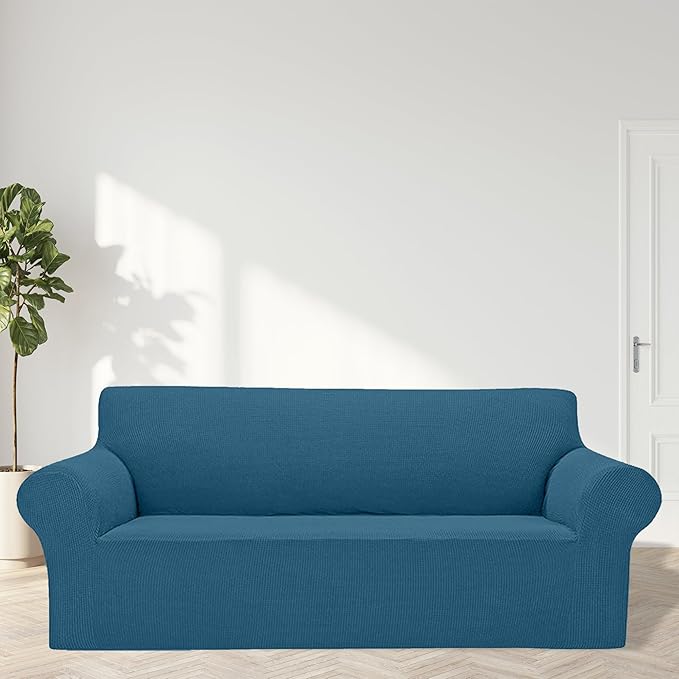 2025 New Stretch Sofa Slipcovers Couch Cover for 3 Cushion Furniture Protector Sofa Covers with Elastic Bottom Jacquard Fabric Small Checks for Pets, Kids -Sofa, Peacock Blue