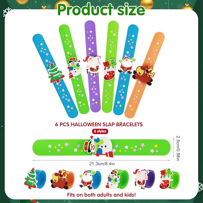 Welkin 6PCS Christmas Slap Bracelets For Kids,Colorful Silicone Bracelet, Soft and Safe Slap Bracelets Party Decorations Favors，Kids Christmas Party Gift