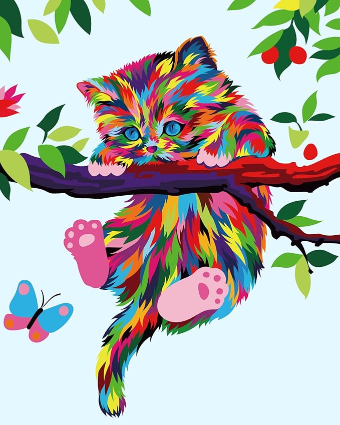 Elftoyer Paint by Numbers for Kids & Beginner, DIY Canvas Painting Gift Kits - Colorful Cats and Butterflies 16 x 20 inch (Without Framed)