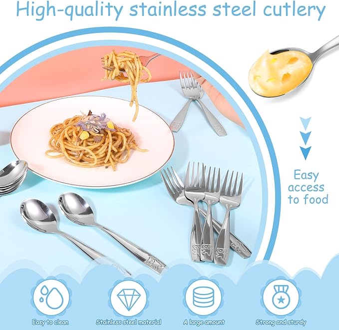 Pimoys 6 Pieces Toddler Utensils Kids Silverware Stainless Steel Toddler Forks and Spoons Set, Metal Children's Safe Flatware Kids Cutlery Set, 3 x Child Forks, 3 x Children Spoons