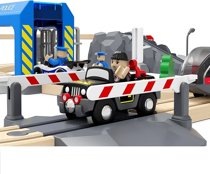 Wooden Train Tracks Accessories, Train Set Piece of Police Station Compatible with All Railroad Track Collection, Train Toys Expansion Pack for Kids Ages 3 and Up.