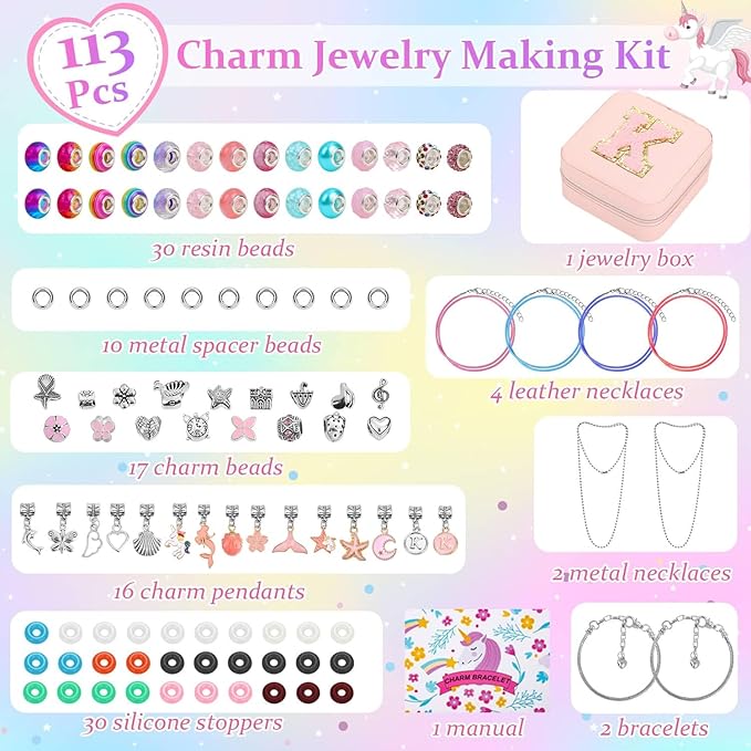 LifeisLuck Charm Bracelet Making Kit - Girls 110 Pcs DIY Charm Jewelry Beads Making Kit, Mermaid Birthday Gifts for Girls Toys Crafts for Little Girls Ages 8-12, with K Initial Travel Jewelry Case