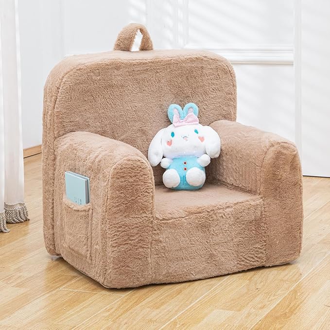 Snuggly-Soft Cuddly Toddler Plush Armchair for Boys and Girls Fuzzy Plush Kids Sofa Couch Reading Chair with Children Friendly Handle for Easy Movement & Double Pockets for Good Storage, Camel
