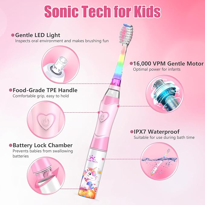Kids Electric Toothbrush Toddler Toothbrush Age 2-4-8-12 Electric Toothbrush Kids with Timer Rainbow LED Light Up Vibrating Toothbrush Battery Operated Childrens Sonic Tooth Brush (Pink Unicorn)