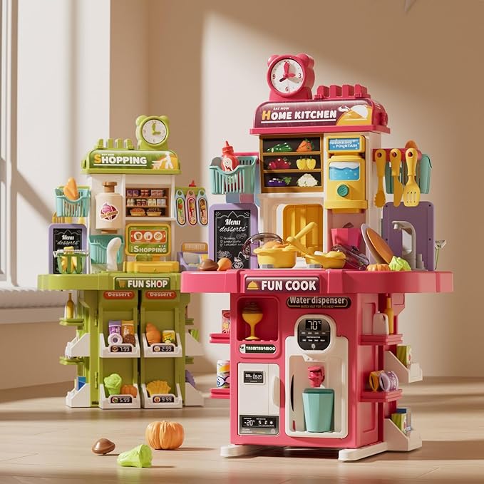 Shopping Supermarket Playset - Kids Grocery Store Pretend Play Toy for Ages 3-8 Girls Boys Unisex Children, Toy Cash Register with Scanner - Role-Playing Toys Fun (Shopping Pink)
