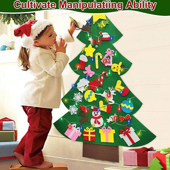 iGeeKid 4 Ft Led Felt Christmas Tree for Toddler Kids DIY Felt Christmas Craft Kits with 30 Ornaments 10ft Multi-Colored String Light Christmas Wall Hanging Decor Xmas Kids Gifts Party Supplies
