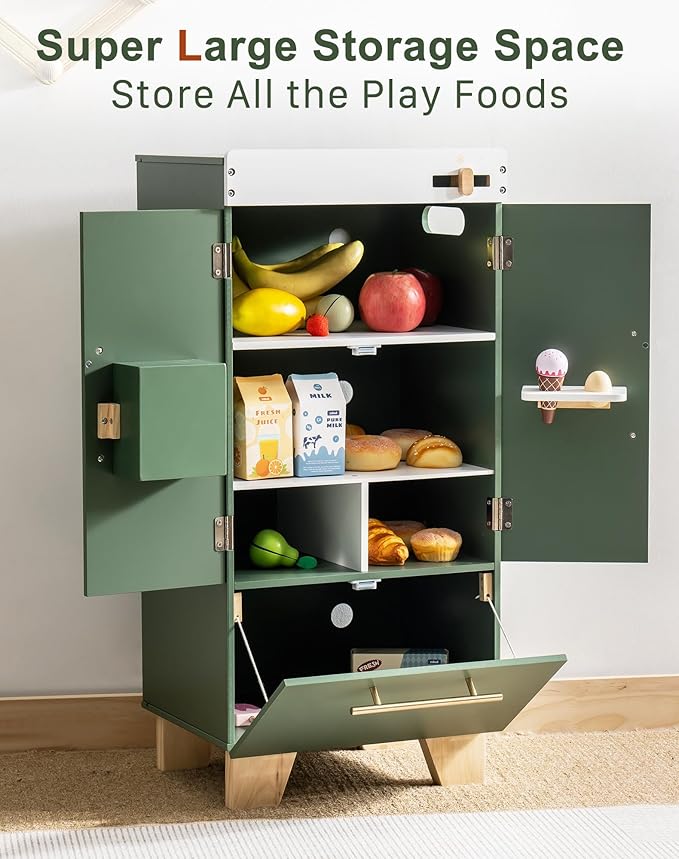 ROBOTIME Wooden Toy Fridge - Play Kitchen Set with Accessories, Kitchen Playset Interactive Refrigerator for Pretend Play Fridge for Kids, Toddler Kitchen Appliance (Vintage Green)
