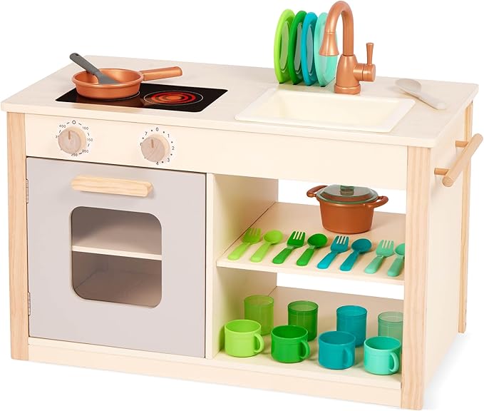 Battat – Play Kitchen & Market – Toddler-Friendly Size – Chalkboard Menu & Oven Dials – 25 Toy Cooking Accessories – 2 Years + – Two n' One Cookin' Fun
