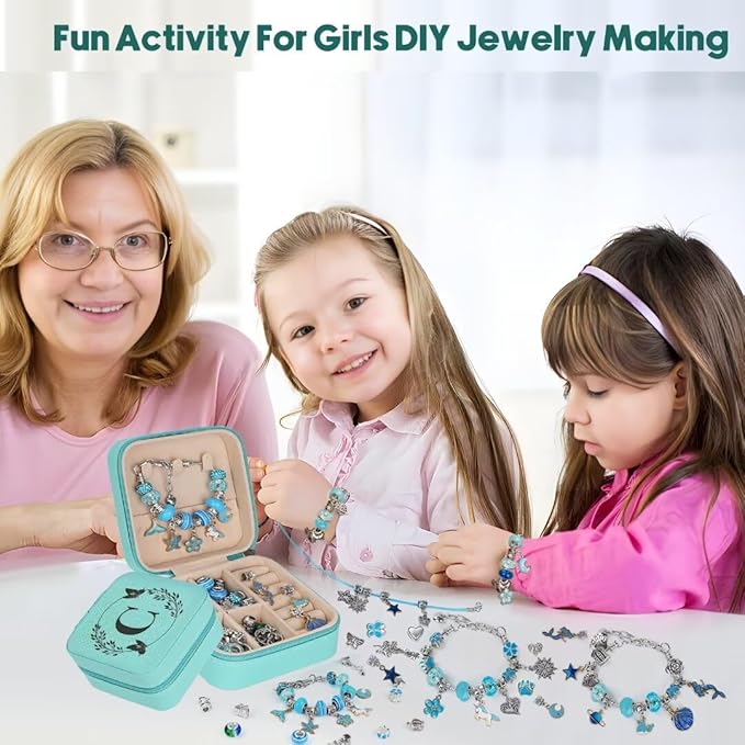 Charm Bracelet Making Kit, Kid Jewelry Making Kit for Girls 8-12, Unicorn Craft Kits for Teen Girls Toys Ages 3-10 Years Old Girl Gifts Trendy Stuff Birthday Christmas Gift with Initial Jewelry Box- C