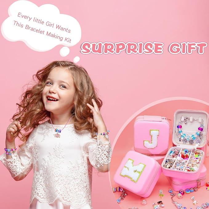 SUREHOME Charm Bracelet Making Kit for Girls 8-12, Art & Crafts for Ages 6-8 Kids Jewelry Making Kit with Initial Box Perfect Personalized Gifts 7+ 9 10 11 Year Old Girls Birthday Christmas Stuff - A