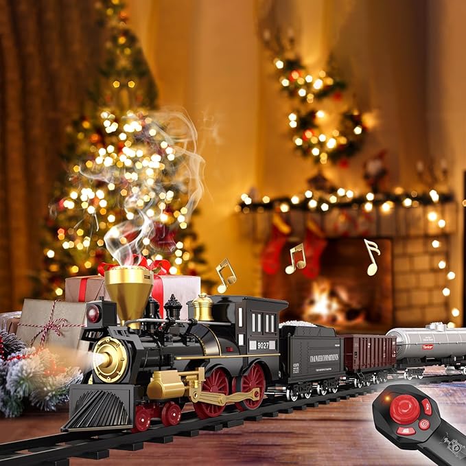 Remote Control Train Set for Kids Electric Steam Engine Locomotive, Oil Tank Train, Cargo Cars & Tracks, Realistic Smoke,Sounds & Lights, Rechargeable Birthday Gifts for Boys Girls 3 4 5 6 7+ … …