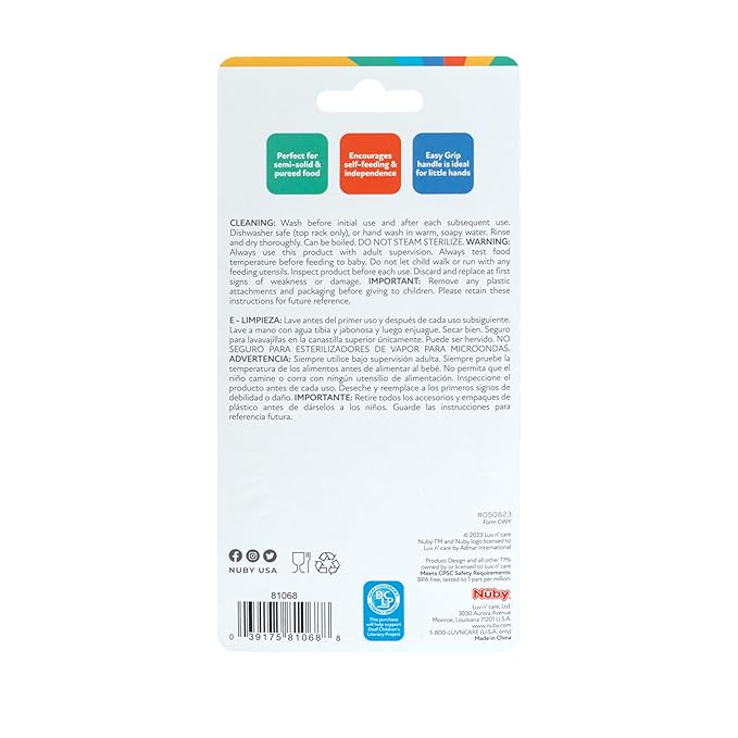 Nuby Dip & Scoop Spoons - (2-Pack) Baby Led Weaning Spoons for Babies - 6+ Months - Aqua and Yellow