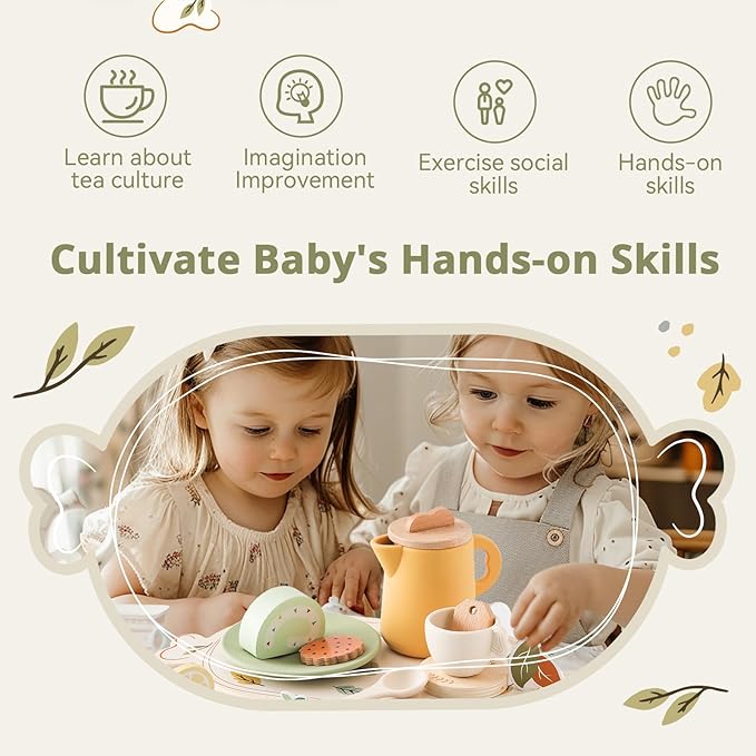 Tea Party Set for Little Girls, Silicone & Wooden Tea Set for Toddler with Silicone Teapot Cups Carrying Tray Scoop, Pretend Play Accessories Kids Kitchen Wooden Toys for 3 4 5 6 Year Old (Green)