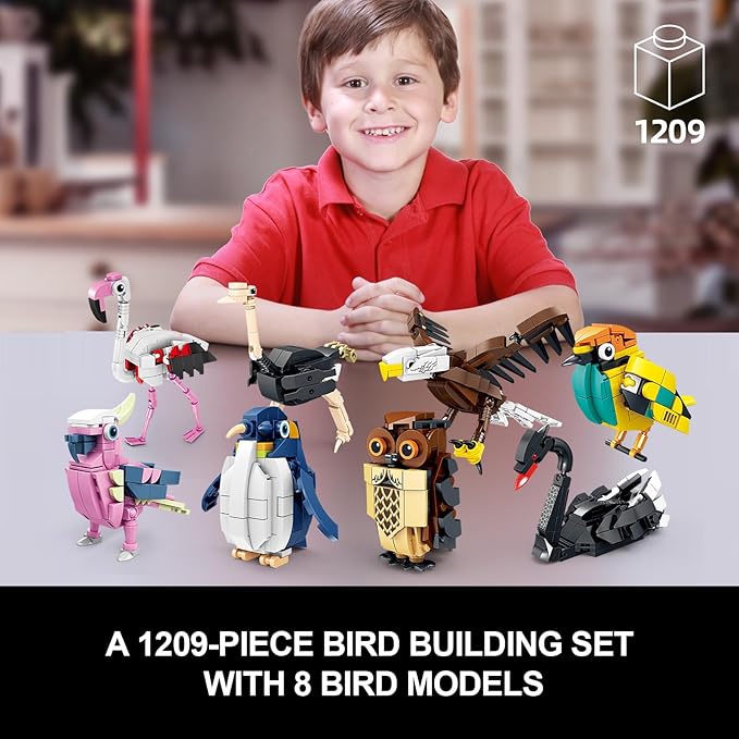 KAZI Birds Building Toy Set,Creative Building Toy Easter Basket Stuffers,Parrot,Owl,Penguin,Flamingo,Eagle,Bird Animal Toy Set,Party Favors,Prizes,Goodie Bags,Gift for Kids Ages 6 and up