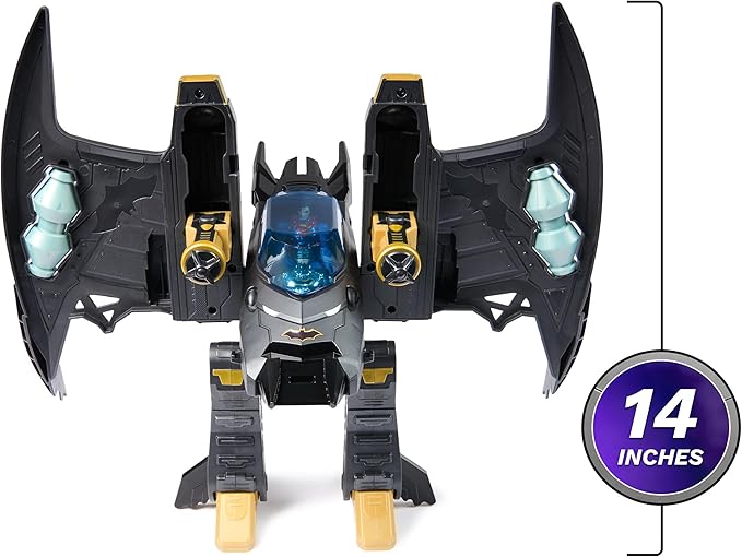 DC Comics, Metal Force Transforming Batwing, 2-in-1 Playset, Includes Batman and Superman Figures, with Projectiles and Character Cards, Kids Toy for Boys and Girls Ages 4+