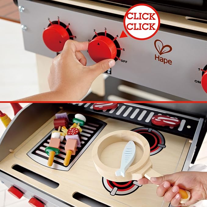 Hape Wooden Gourmet Grill and Shish Kabob| Pretend Playset Cooking Sets with Play Food for Kids