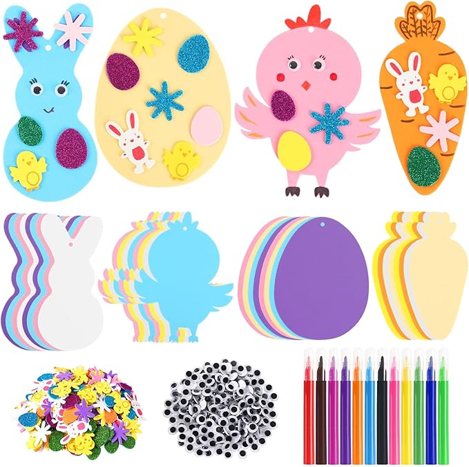 JULBEAR Easter Foam Crafts for Kids, 260 Pcs Foam Easter Foam Stickers Egg Rabbit Carrot Chick Arts and Crafts Kits, DIY Stickers Set for Kids Party Favors Supplies