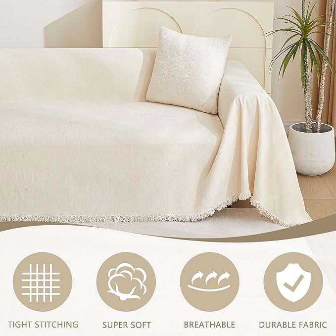 MYSKY HOME Couch Cover for Pets Beige Couch Covers for 3 Cushion Couch Sofa Couch Cover Sectional L Shape Chenille Couch Cushion Covers for Pets, Furniture Protector Cover for Dogs, Kids, 91" X150"