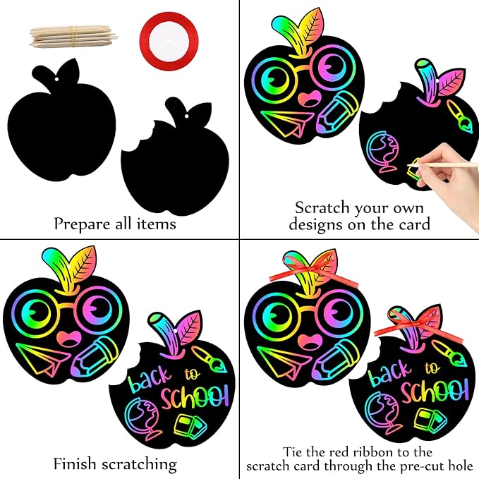 WATINC 60pcs Back to School Scratch Art for Kids, Paper Scratch Off Cards Craft Kit, Fruit Magic Color Art Party Favors, School Classroom Appreciation Activity DIY Project Drawing Paper