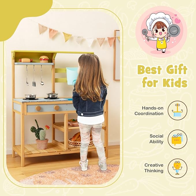 HONEY JOY Mud Kitchen, Fir Wood Outdoor Play Kitchen for Toddlers, Removable Sink, Real Water Tank with Faucet, Utensils, Pretend Play Mud Kitchen for Kids Outdoor, Gift for Boys Girls, Natural