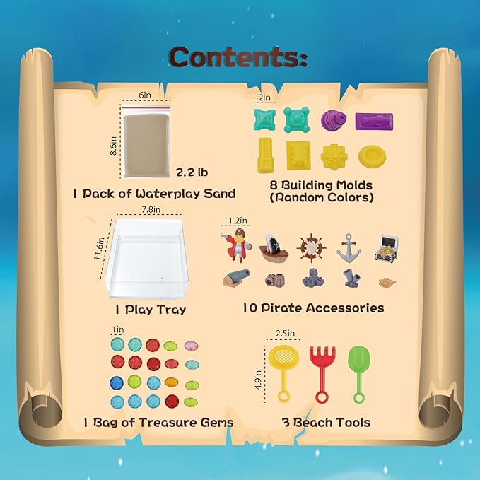 Waterplay Sand Kit - Pirate Adventure Sensory Sand for Water Play, Build Underwater Cities, 2.2lb Sand, Pirate Accessories, Molds, Gems, Tray & Tools, Toy Gift for Kids Ages 4+