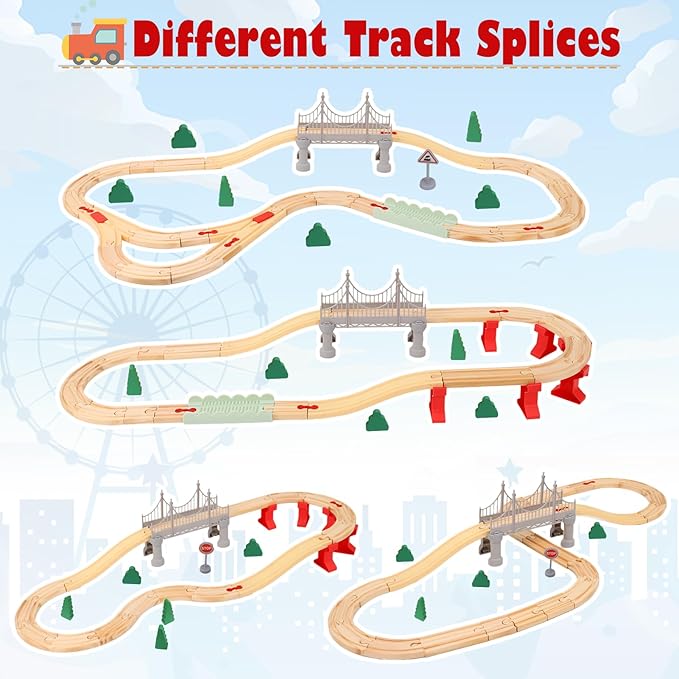 Wdmiya Wooden Train Set for Toddlers, 72 Pcs Wooden Train Track for Kids, Train Toy with Bridge and Tracks (Fits Thomas & Brio), Christmas Birthday Trains Gift for 2 3 4 5 6 7 8 Years Old