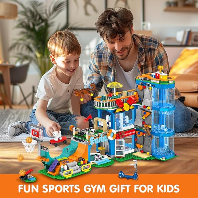 HOGOKIDS City Sports Gym Building Set - 8 in 1 Friend Sports Center Football Basketball Climbing Swimming Boxing Shooting Skateboard Building Block Kit Games Toy Birthday Gift for Kids Girls Boys 6+