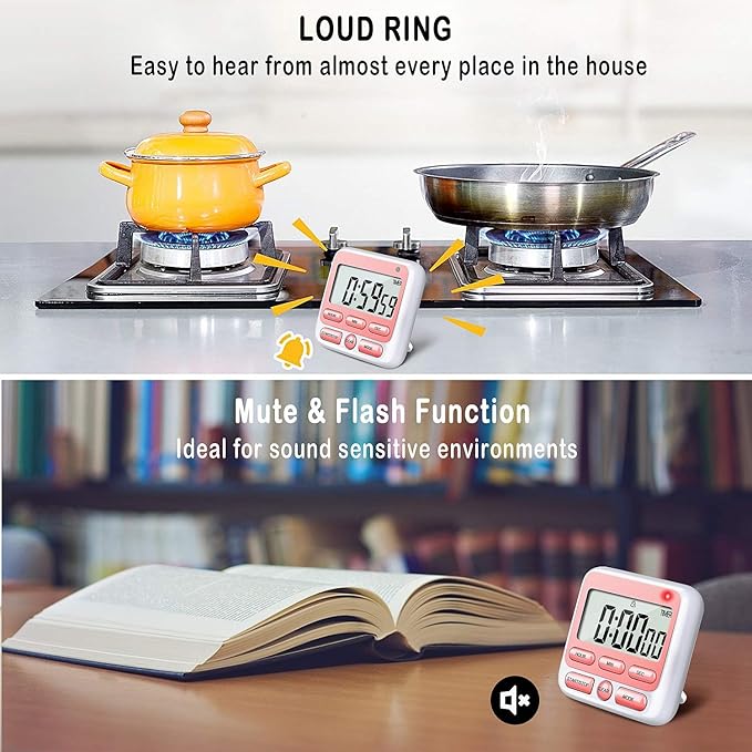 KTKUDY Digital Kitchen Timer with Mute/Loud Alarm Switch ON/Off Switch, 24 Hour Clock & Alarm, Memory Function Count Up & Count Down for Kids Teachers Cooking, Large LCD Display, Strong Magnet (Pink)