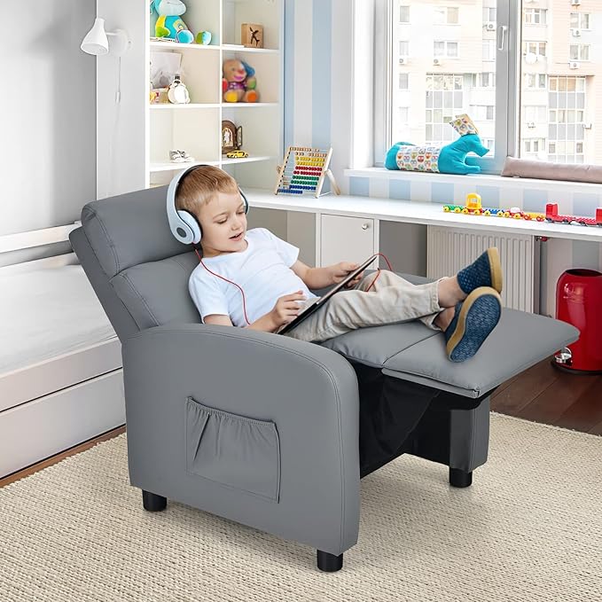 Costzon Kids Recliner, Adjustable PU Leather Lounge Chair w/Side Pockets, Footrest, Headrest for Kids Room & Play Room, Easy to Clean, Padded Recliner Sofa for Children Boys Girls Aged 3-12 (Grey)