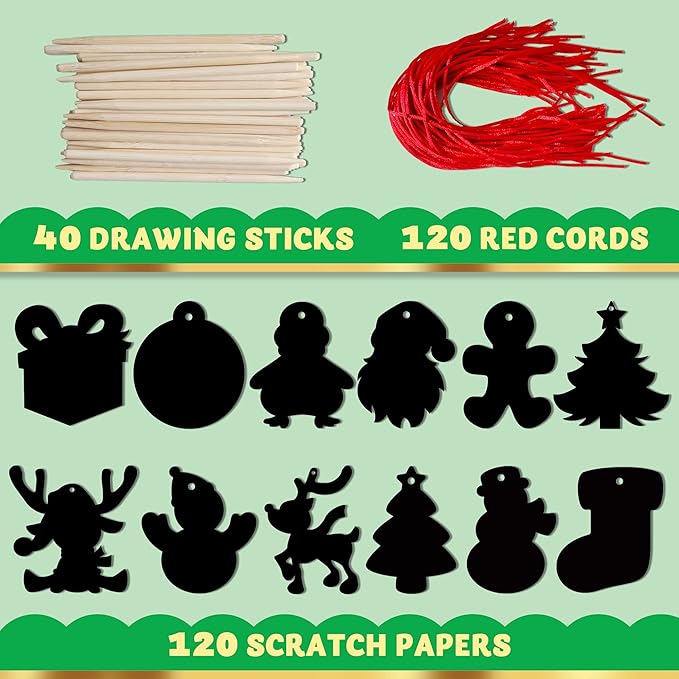 JOYIN 120 Pcs Christmas Scratch Art Ornaments, Rainbow Color Scratch Paper Craft Kit, Christmas Hanging Ornament, Scratch Off DIY Arts & Crafts Kit for Kids, Holiday Crafts Party Favor