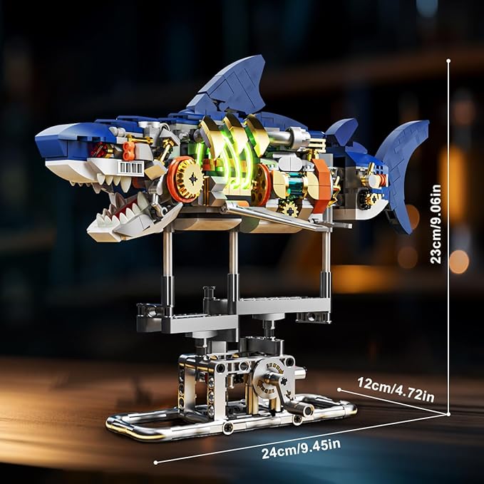 Mechanical Shark Building Set with LED Light, 687 PCS Movable Ocean Animal with Display Stand, Sea Fish Building Block Toy, Home Decor Gift for Adults Teens Kids Boys Ages 12+